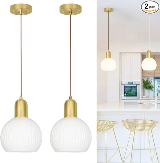 Gold Pendant Light Set Of 2, Modern Pendant Lights Kitchen Island With White Striped Glass, Mid Bathroom Pendant Light Adjustable Hanging Light For Dining Room Hallway, 7.8in Shade 11.8-59in Cord