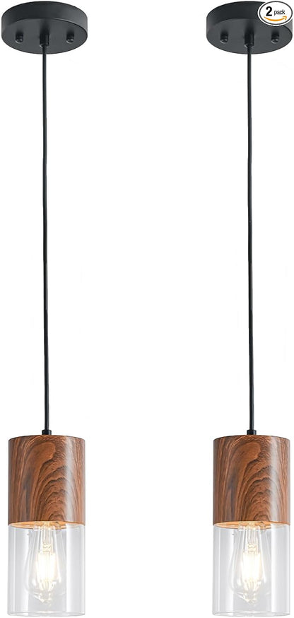 2-Pack Modern Pendant Lights for Kitchen Island, Adjustable Pendant Light Fixtures with Brown Wood Grain, Industrial Clear Glass Pendant Lights for Dining Table Hallway Bedroom Living Room