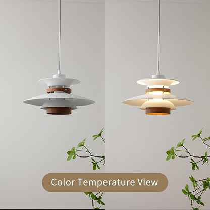 EFINEHOME Modern Decor Adjustable Pendant Lamp Kitchen Island, Aluminum and Wood Finish,1-Light E26 Base Ceiling Hanging Light for Dining Room Shop Restaurant (White+Dark Wood Grain, 35cm)