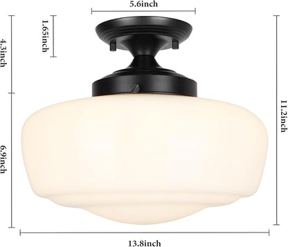 Large Schoolhouse Style Semi Flush Mount Ceiling Light Fixture, 14" Modern Hallway Ceiling Lamp with Opal Milk Glass Shade, Farmhouse Globe Light for Bedroom Kitchen Hallway Entryway Laundry