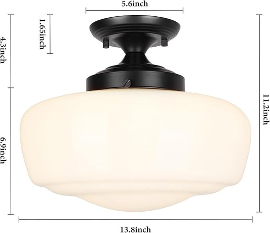 Large Schoolhouse Style Semi Flush Mount Ceiling Light Fixture, 14" Modern Hallway Ceiling Lamp with Opal Milk Glass Shade, Farmhouse Globe Light for Bedroom Kitchen Hallway Entryway Laundry