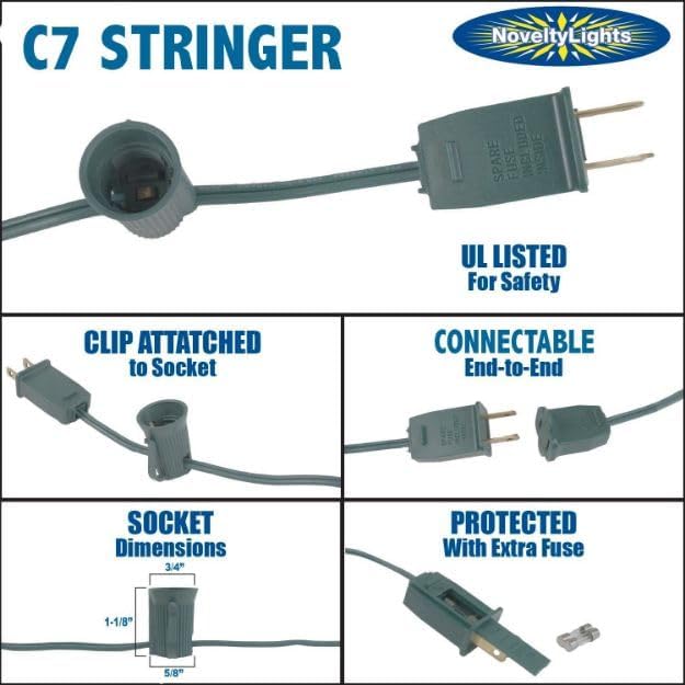 Novelty Lights 50 Foot String Light Set - Indoor/Outdoor Stringer Set for Christmas, Wedding Decor, Patios, & More - C7/E12 Intermediate Base (Brown Wire, 12" Spacing)