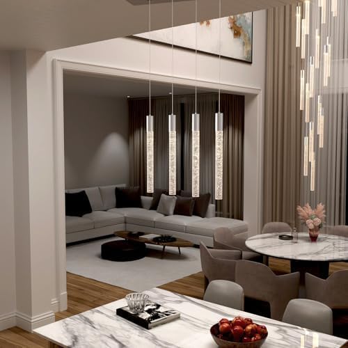 Bubble Crystal Column Chandelier, 4-Light Rectangular Chorme Crystal Chandelier, Dimmable Adjustable Height Luxury Pendant Light for Kitchen Island, Dining Room, Living Room