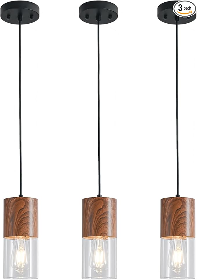 3-Pack Modern Pendant Lights for Kitchen Island, Adjustable Pendant Light Fixtures with Brown Wood Grain, Industrial Clear Glass Pendant Lights for Dining Table Hallway Bedroom Living Room