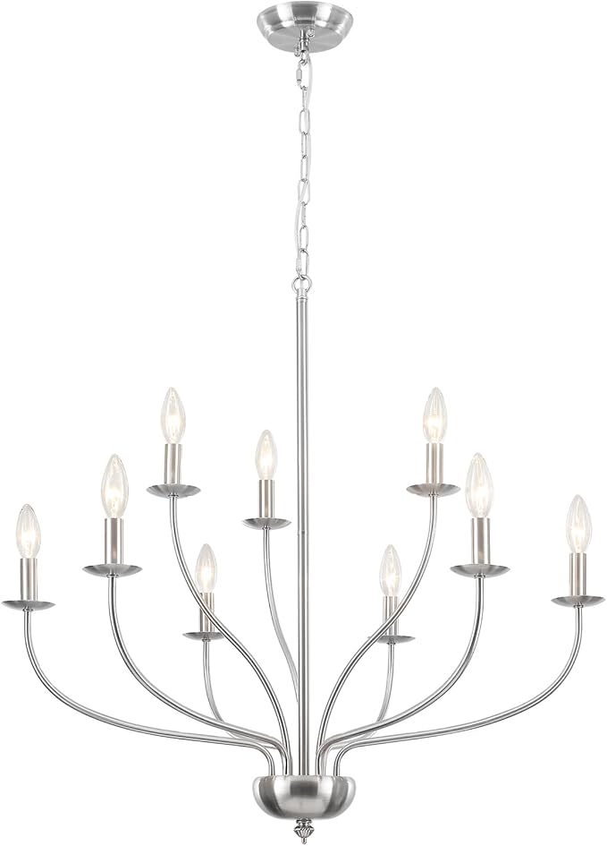 Brushed Nickel Chandelier, 9-Light Modern Farmhouse Chandelier for Dining Room Light Fixture, 2-Tier Industrial Hanging Country Candle Chandeliers for Living Room Foyer Bedroom Entryway Kitchen