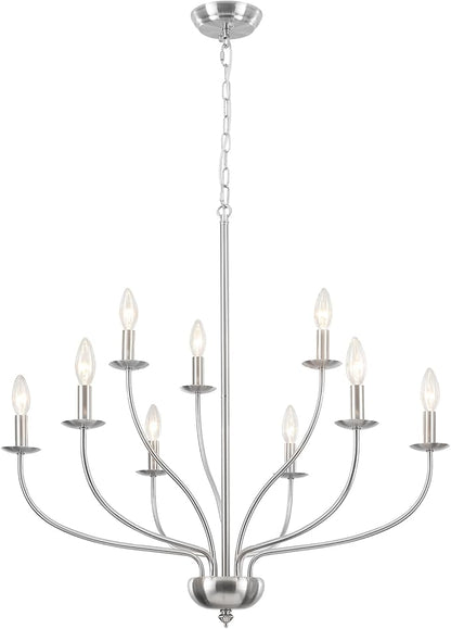Brushed Nickel Chandelier, 9-Light Modern Farmhouse Chandelier for Dining Room Light Fixture, 2-Tier Industrial Hanging Country Candle Chandeliers for Living Room Foyer Bedroom Entryway Kitchen