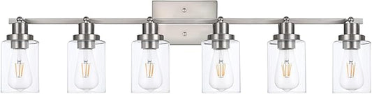 6 Light Track Lighting Kit Brushed Nickel Kitchen Track Lighting Fixtures Ceiling Mount Bathroom Vanity Wall Scones Light Fixture with Clear Glass, Rotatable Spotlight for Kitchen Shop Hallway