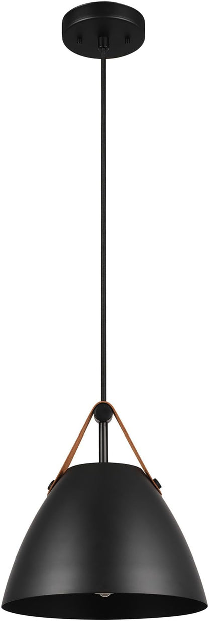 Globe Electric 67000099 1-Light Pendant Light Fixture, Matte Black, Faux Leather Accent Belt, Adjustable Hanging Height, Braided Fabric Cord, Dimmer Switch Compatible, Modern Lighting