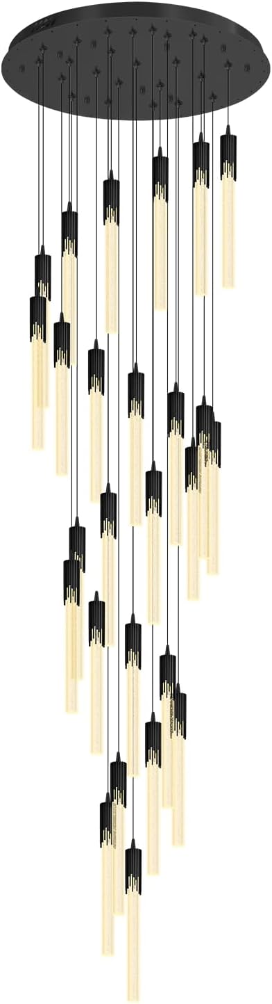 Flashing God Black 28 Lights Large Foyer Chandeliers for High Ceilings 12 feet Long Spiral Stair Pendant Chandelier Crystal Ceiling Light Fixtures Dimmable 2700k-4500k-6000k