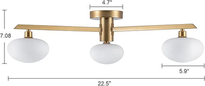 3-Light Mid Century Modern Ceiling Light 22.5" Gold Semi Flush Mount Ceiling Light with Milk Glass Shade for Bedroom, Entryway, Hallway, Kitchen lsland, Dining Room & Living Room