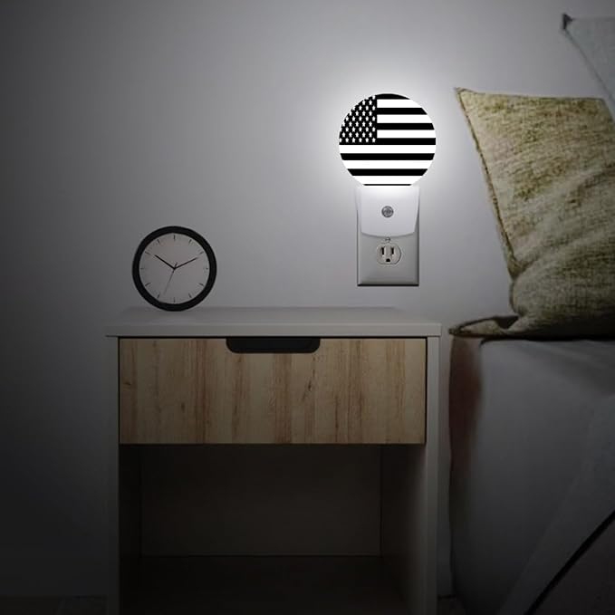 American Flag Black White Night Light Plug Into Wall Auto Led Sleep Round Lamp for Living Room Hallway Stairs