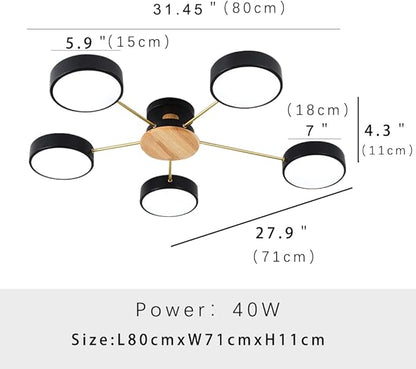 LED Ceiling Light Fixture,32 Inch 5-Lights Modern Ceiling Lights Flush Mount Wooden 40W Dimmable Chandelier for Living Room Bedroom Kitchen,3000K/4000K/6000K Temperatures Selectable Black