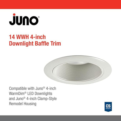Juno 4-Inch Round Baffle Recessed Lighting Trim, Glare-Reducing Snap-in Trim for Can Lights, Fits IC1, TC1, TC1R Housings, White Finish