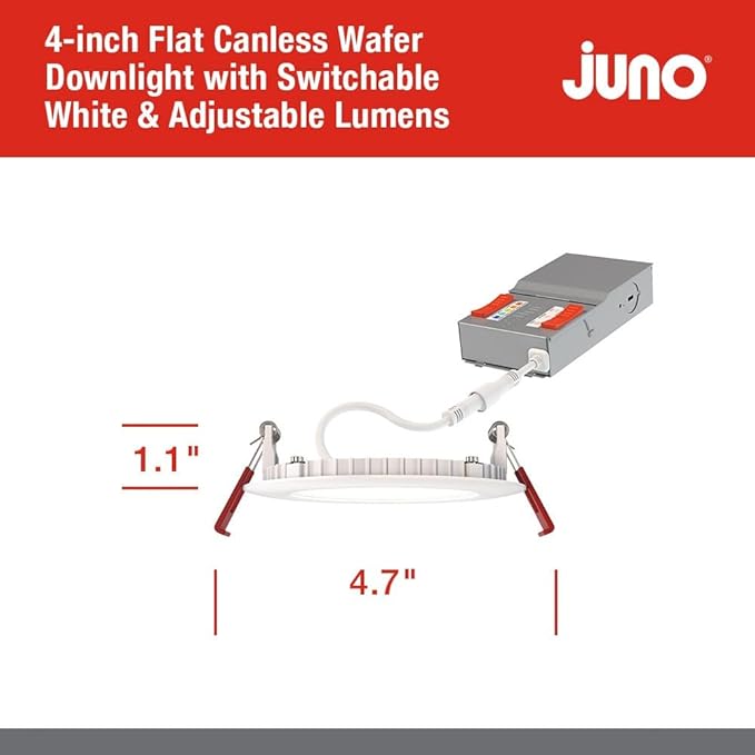 Juno WF4 ALO19 SWW5 90CRI MVOLT MW M6 Canless LED Wafer Downlight, Switchable White 2700K-5000K, Adjustable Lumens, Flat Trim, Matte White, 4-Inch