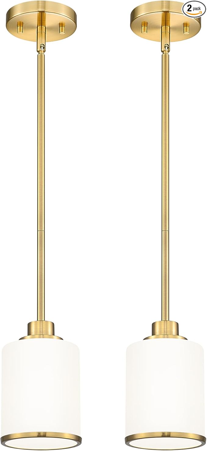 Beionxii 2 Pack Brushed Gold Pendant Lights Kitchen Island, Modern Kitchen Pendant Lighting Over Island, Hanging Lights with Milk Glass for Sink, Dining Room, Entryway, BX-PL02BG-2