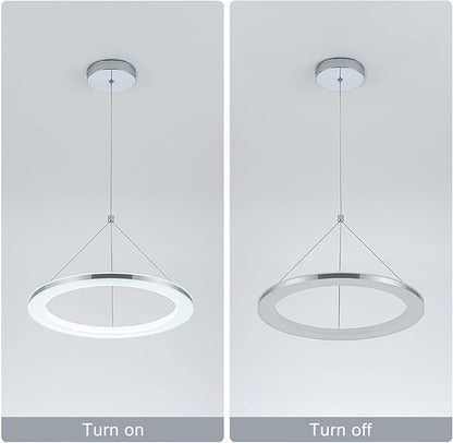 CHYING LED Pendant Lights Kitchen Island, 15.8" 18W Cool White Modern Ring Chandelier, Adjustable Height Silver Hanging Pendant Ceiling Light for Dining Room Bedroom Hallway Entryway, 3000K