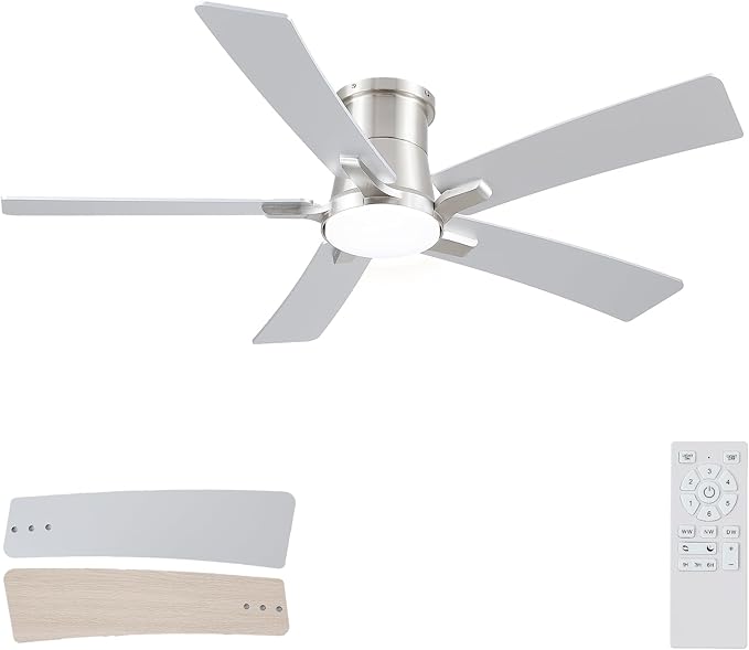 52 Inch Ceiling Fans with Lights and Remote, Nickel Low Profile Ceiling Fan, Flush Mount Style with 5 Blades, For Indoor Bedroom Living Room/Outdoor, 6 Speed Reversible DC Motor, 3CCT Dimmable LED