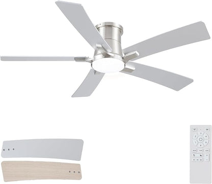 52 Inch Ceiling Fans with Lights and Remote, Nickel Low Profile Ceiling Fan, Flush Mount Style with 5 Blades, For Indoor Bedroom Living Room/Outdoor, 6 Speed Reversible DC Motor, 3CCT Dimmable LED