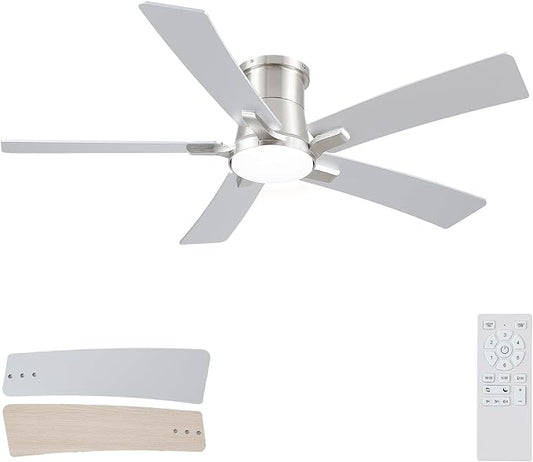 52 Inch Ceiling Fans with Lights and Remote, Nickel Low Profile Ceiling Fan, Flush Mount Style with 5 Blades, For Indoor Bedroom Living Room/Outdoor, 6 Speed Reversible DC Motor, 3CCT Dimmable LED