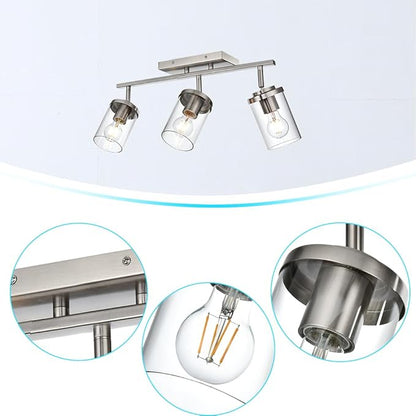 BONLICHT Modern Semi-Flush Mount Ceiling Light 3-Light Adjustable Ceiling Spotlight Brushed Nickel Kitchen Track Lighting Fixtures Industrial Wall Vanity Light Fixture with Clear Glass Shade