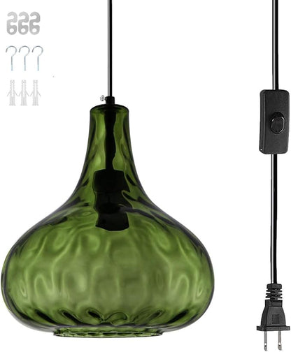 Vintage Plug in Pendant Light Fixture - Hammered Dark Green Glass Shade,Mid-Century Modern Plug in Hanging Pendant Lamp with 14.7 ft Cord for Living Room Corner Room Bedroom Farmhouse