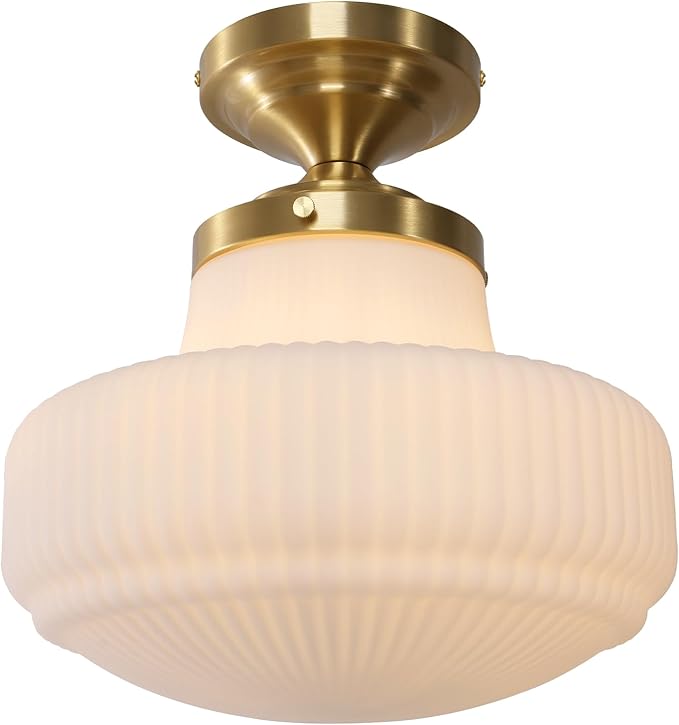 White Glass Semi Flush Mount Ceiling Light, Mid Century Modern Gold Ceiling Lamp Farmhouse Close to Ceiling Light Fixture for Bedroom Kitchen Entryway Hallway