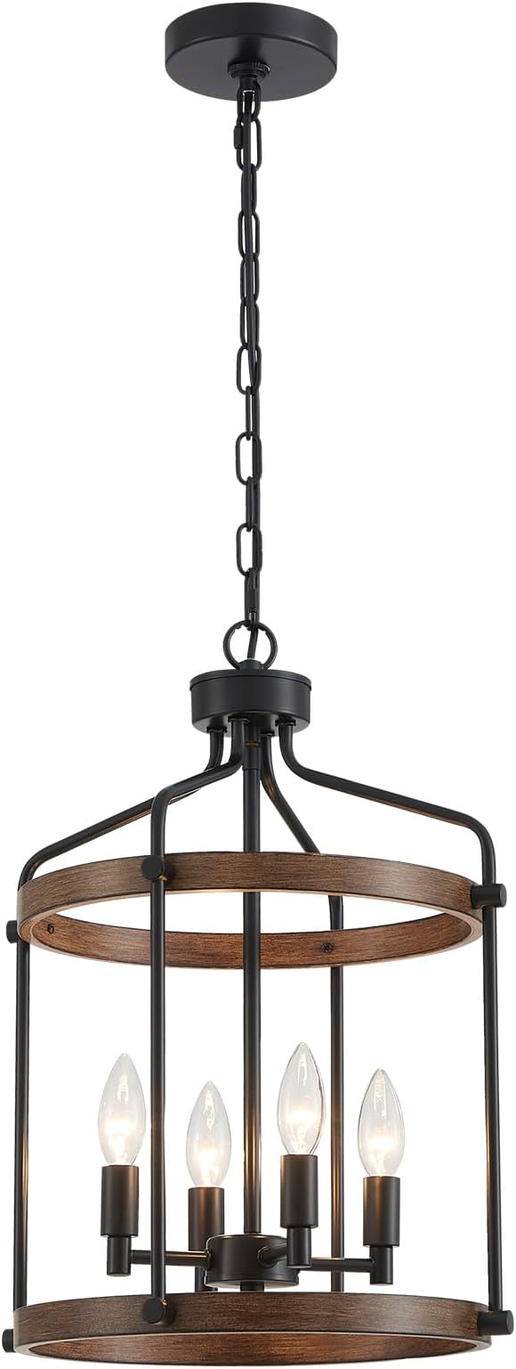 Modern Black Chandelier, 4-Light Farmhouse Dining Room Light Fixture Over Table, Muted Black with Retro Wood Texture Shade, Rustic Cage Hanging Pendant Lighting for Hallway Entryway Kitchen Bedroom