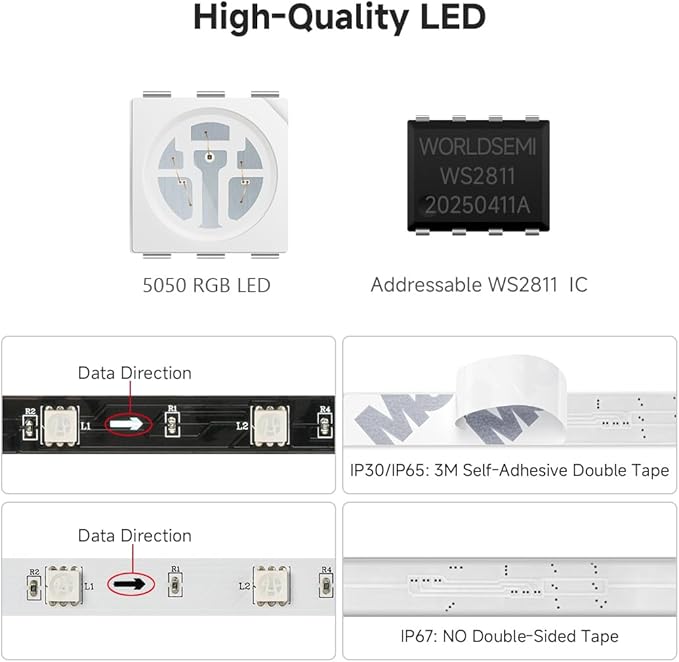 BTF-LIGHTING WS2811 IC=RGB+IC Addressable Color RGB LED Strip,16.4FT 30LED/m 10Pixels/m,IP67 White PCB,UL Listed,Flexible DC12V Chasing Effect for Indoor Home Decor(No Adapter or Controller)