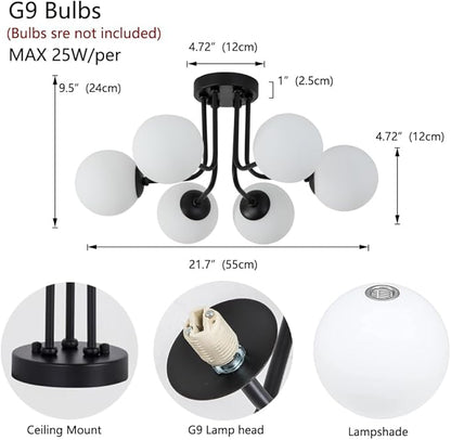 Modern Semi Flush Mount Ceiling Light,Black White Glass Shade Semi Ceiling Light 6-Light,Sputnik Chandeliers for Bedroom Living Room Hallway Dining Room Lighting Fixture