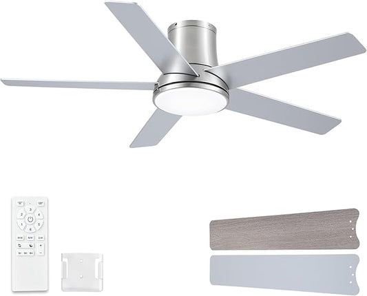 52 Inch Ceiling Fans with Lights and Remote, Flush Mount Nickel Ceiling Fan for Bedroom Living Room Indoor/Outdoor, Quiet 6 Speed Reversible DC Motor, 3CCT, Dual Color 5 Blades, ETL Listed