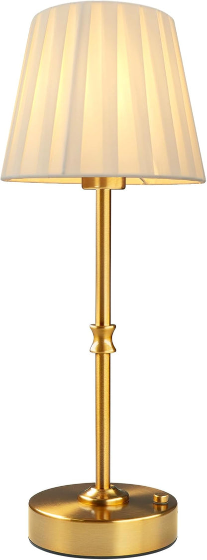EppieBasic Cordless Table Lamp Rechargeable: Fast Charging & Long Lasting - 2700K Warm Light Small Vintage Gold Lamps -Bedside Dinning Living Room Bedroom - Pleated Shade
