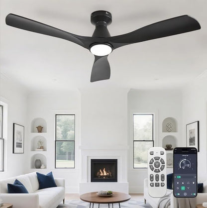 DLLT 52-Inch Ceiling Fans with Lights: Flush Mount Ceiling Fan 3 Blades for Indoor Outdoor - Black Ceiling Fan with Remote APP Control Noiseless for Low Profile Bedroom