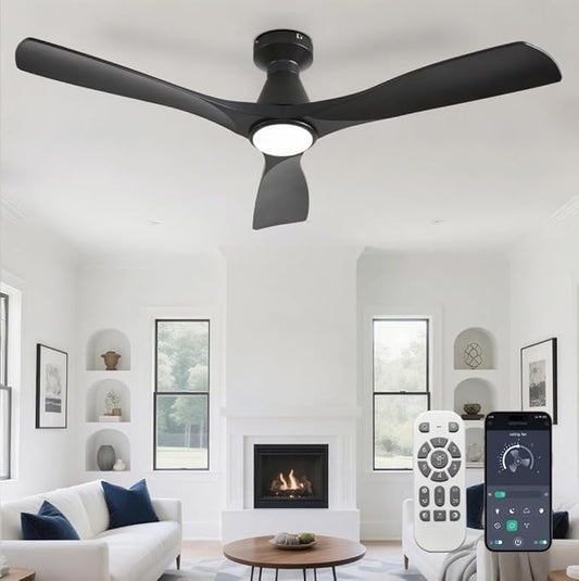 DLLT 52-Inch Ceiling Fans with Lights: Flush Mount Ceiling Fan 3 Blades for Indoor Outdoor - Black Ceiling Fan with Remote APP Control Noiseless for Low Profile Bedroom