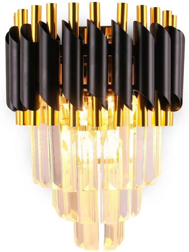 FRIXCHUR Crystal Wall Sconce Black Modern Lamp Mounted Light Fixture for Bedroom Bedside Living Room Hallway Bathroom 2X E12 Base
