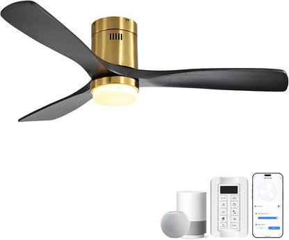CACI Mall Smart 52 inch Wood Flush Mount Ceiling Fans with Lights and Remote, 3 Blades, Low Profile, Modern, Compatible with Alexa/Google/App, Outdoor Indoor Ceiling Fans for Bedroom/Farmhouse/Patio
