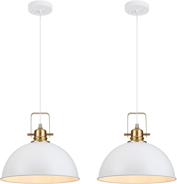 Farmhouse Pendant Light, 13.8" White Pendant Light Kitchen Island with Adjustable Cord, Vintage Dome Hanging Lights for Dining Room Cafe Bar Hallway Worktops, M, 2 Pack