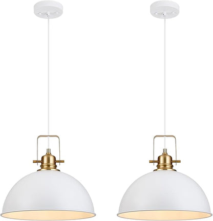 Farmhouse Pendant Light, 13.8" White Pendant Light Kitchen Island with Adjustable Cord, Vintage Dome Hanging Lights for Dining Room Cafe Bar Hallway Worktops, M, 2 Pack