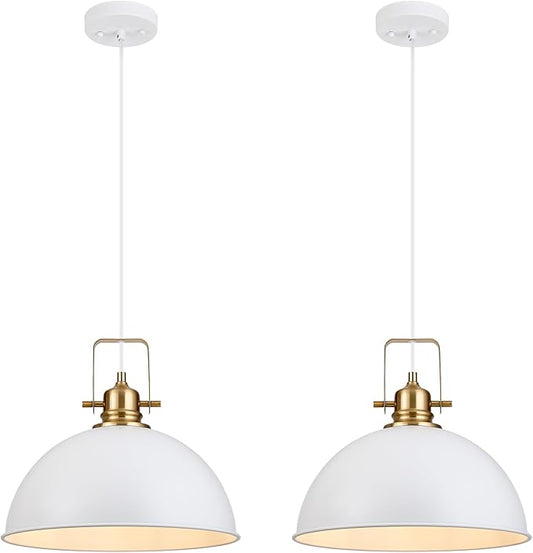 Farmhouse Pendant Light, 13.8" White Pendant Light Kitchen Island with Adjustable Cord, Vintage Dome Hanging Lights for Dining Room Cafe Bar Hallway Worktops, M, 2 Pack