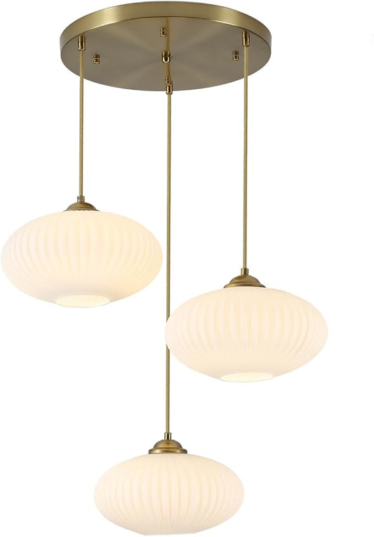 Large White Ribbed Glass Pendant Light Modern 3-Light Cluster Pendant Lighting Mid Century Globe Hanging Pendant Light Brass Gold Chandeliers for Dining Room Living Room