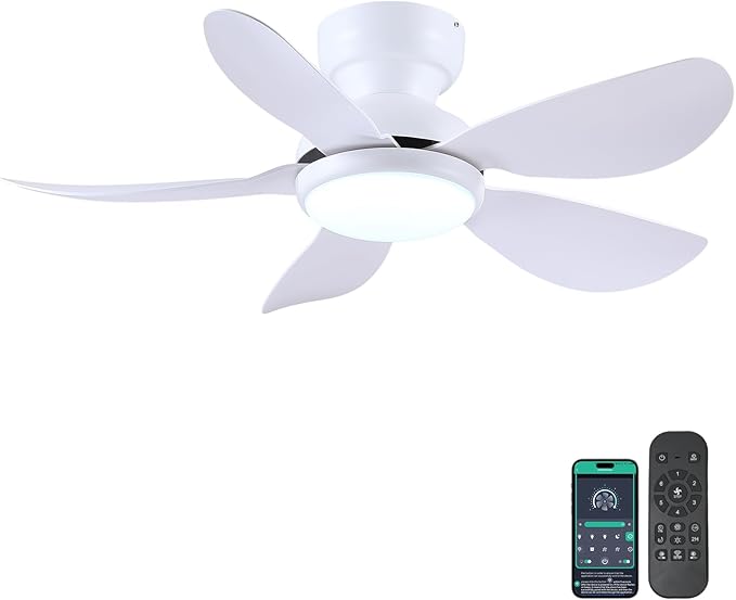 Kviflon 36 Inch Modern Ceiling Fans with Lights, Small Flush Mount Ceiling Fans, Remote/APP Control, 5 Reversible Curved Blades, 6 Speeds, 3 CCT Dimmable Lights for Kitchen Bedroom, White