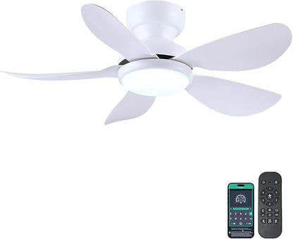 Kviflon 36 Inch Modern Ceiling Fans with Lights, Small Flush Mount Ceiling Fans, Remote/APP Control, 5 Reversible Curved Blades, 6 Speeds, 3 CCT Dimmable Lights for Kitchen Bedroom, White