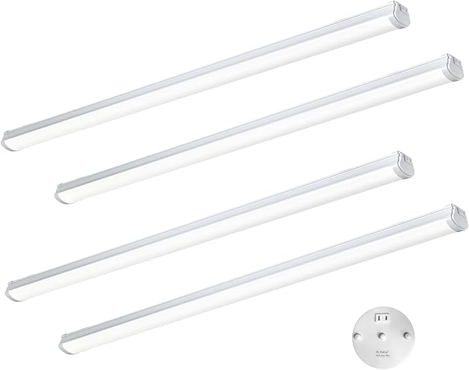 4FT Linkable 60W LED Shop Lights with Socket 3000K 4000K 6000K 6000LM for Garages Shop, Linear Work Light Fixture Hanging or FlushMount with Plug, ETL 4 Pack