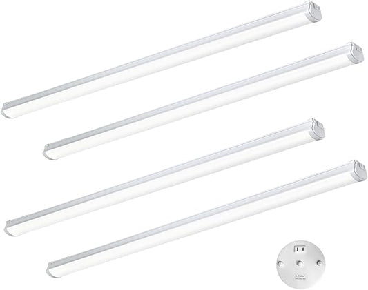 4FT Linkable 60W LED Shop Lights with Socket 3000K 4000K 6000K 6000LM for Garages Shop, Linear Work Light Fixture Hanging or FlushMount with Plug, ETL 4 Pack