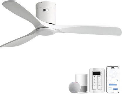 CACI Mall 52 Inch Smart Ceiling Fan without Light, Flush Mount, 3 Blades Solid Wood, Low Profile, Modern, Outdoor/Indoor Ceiling Fans No Light for Bedroom/Farmhouse/Patio