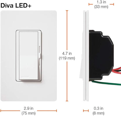 Lutron Diva LED+ Dimmer Light Switch for Dimmable LED, Halogen, and Incandescent Bulbs, 150 Watt, Single-Pole or 3-Way, DVWCL-153PH-2-WH, White (2-Pack) with Wallplate