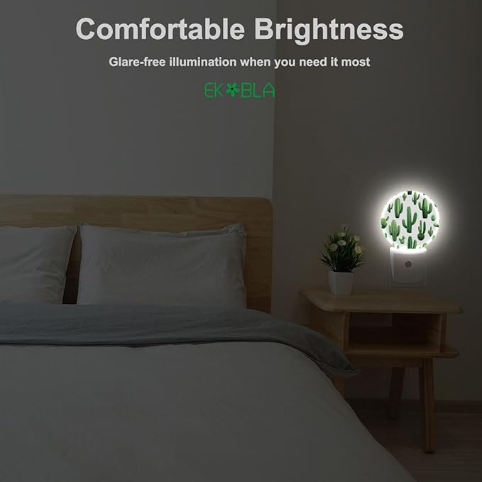 EKOBLA Cactus Plug-in Night Light, Green Cactus with “Stuck On You” Quote LED Nightlight with Auto Sensor for Home Decor