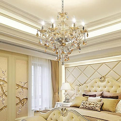 Modern K9 Crystal Chandelier Cognac 6 Lights, E12 Base Candle Crystal Pendant Lighting Fixture, Elegant Crystal Ceiling Light for Dinning Living Room Bedroom Hallway (6 Lights)
