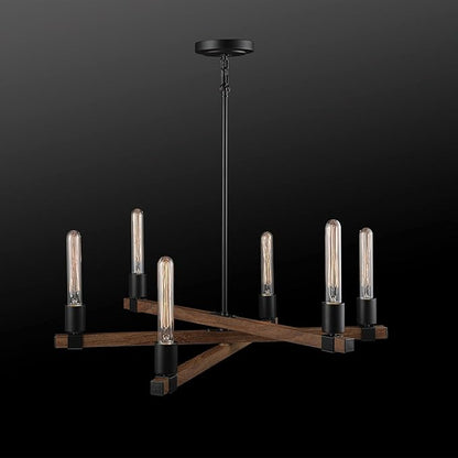 GLOBE Electric 60546 Walken 6-Light Chandelier, Matte Black, Faux Wood Accents, Bulb Not Included