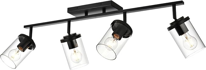 BONLICHT Ceiling Spotlights Track Lighting Kit 4 Light Bathroom Vanity Lighting Black Modern Multi-Directional Ceiling Mount Fixture Industrial Farmhouse Sconces Wall Mount Lamp with Clear Glass Shade