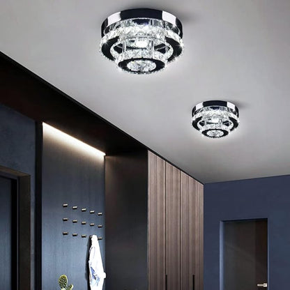 Mini Chandelier LED Crystal Ceiling Light 2 Layers Flush Mount Ceiling Light Modern Chandelier Lighting for Hallway Staircase Kitchen Bathroom (Cool White)